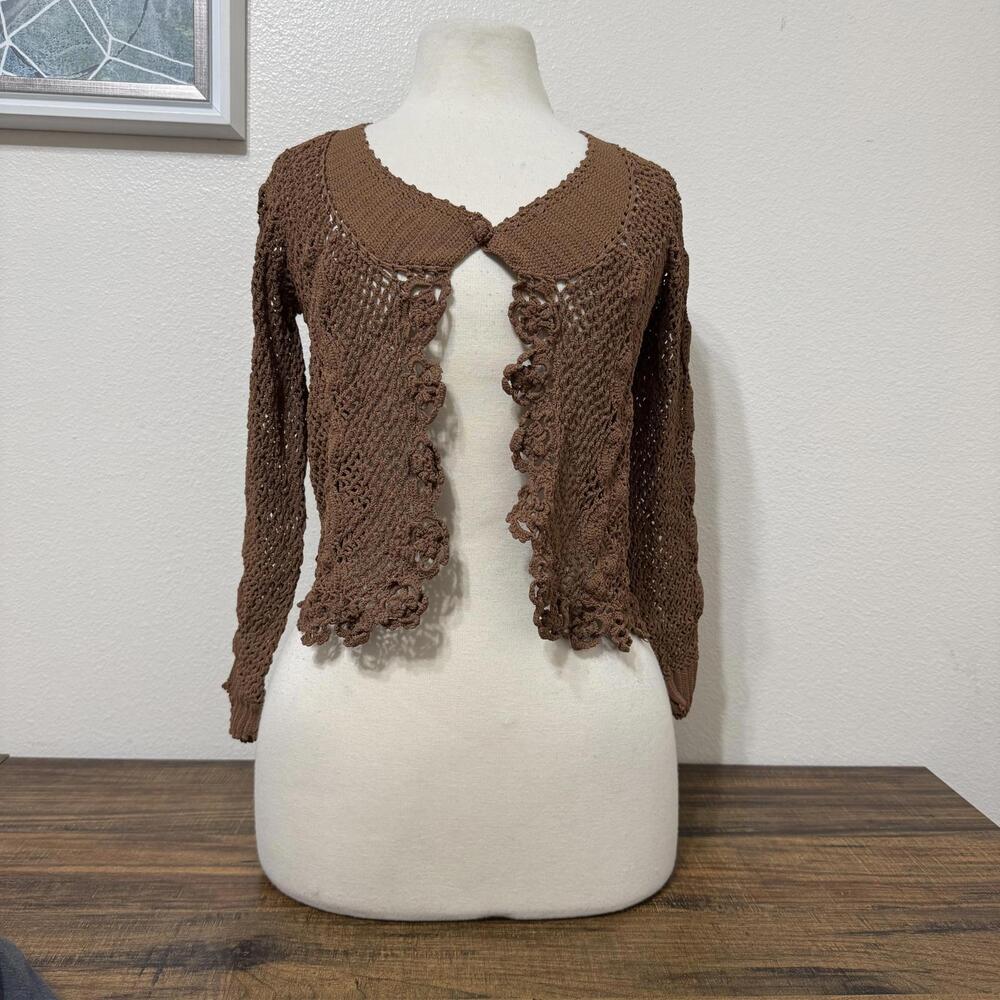 Colour Works Brown Crochet Knit Cardigan Sweater Large